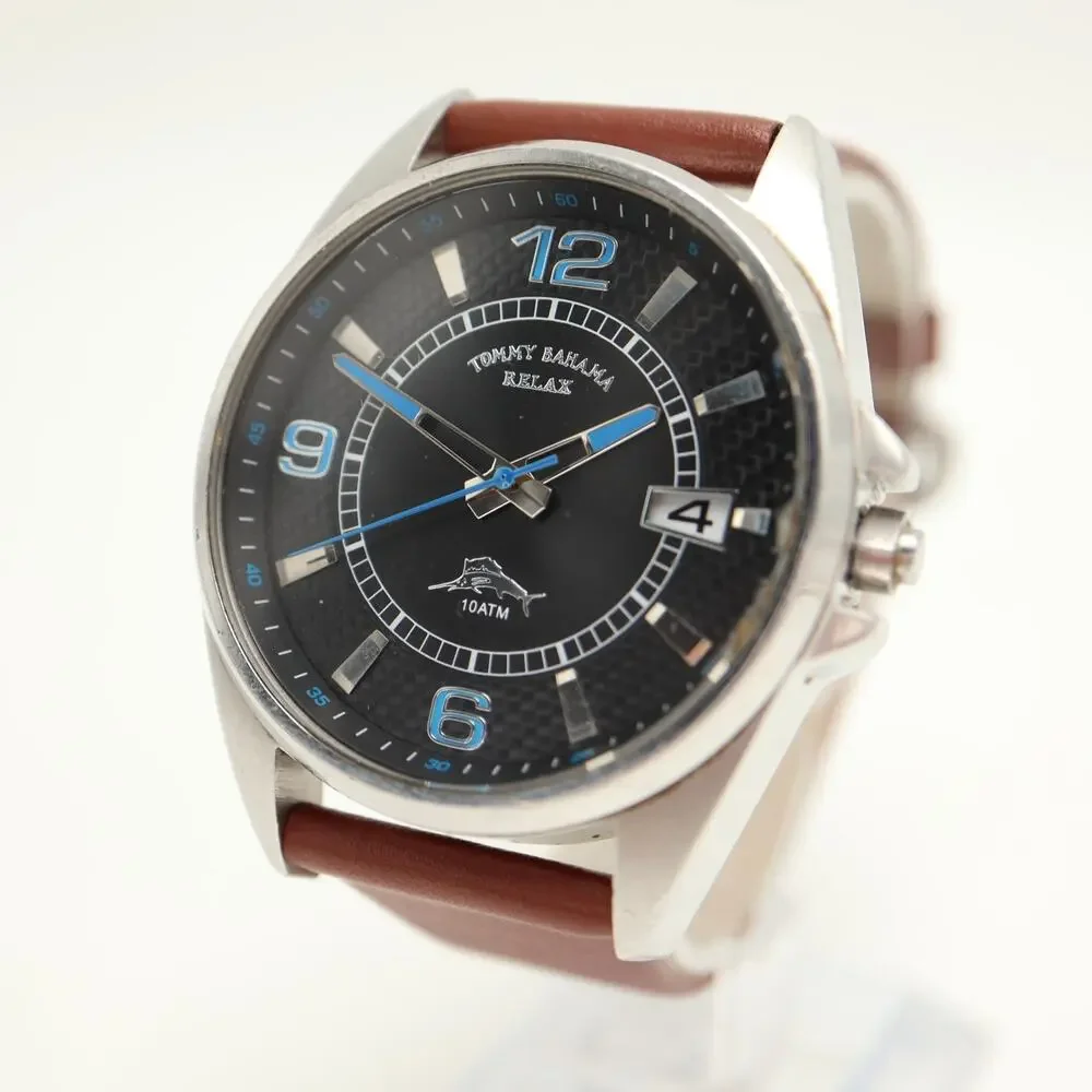 Tommy Bahama Relax Mens 42mm Date Watch Brown Leather Chipped Crystal Works READ